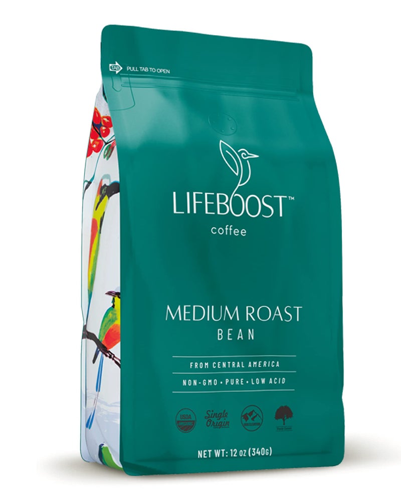 Lifeboost Organic Coffee Beans Medium Roast - Low Acid Single Origin Non-GMO Organic Whole Bean Coffee - Third Party Tested For Mycotoxins & Pesticides - 12 Ounces - Image 1